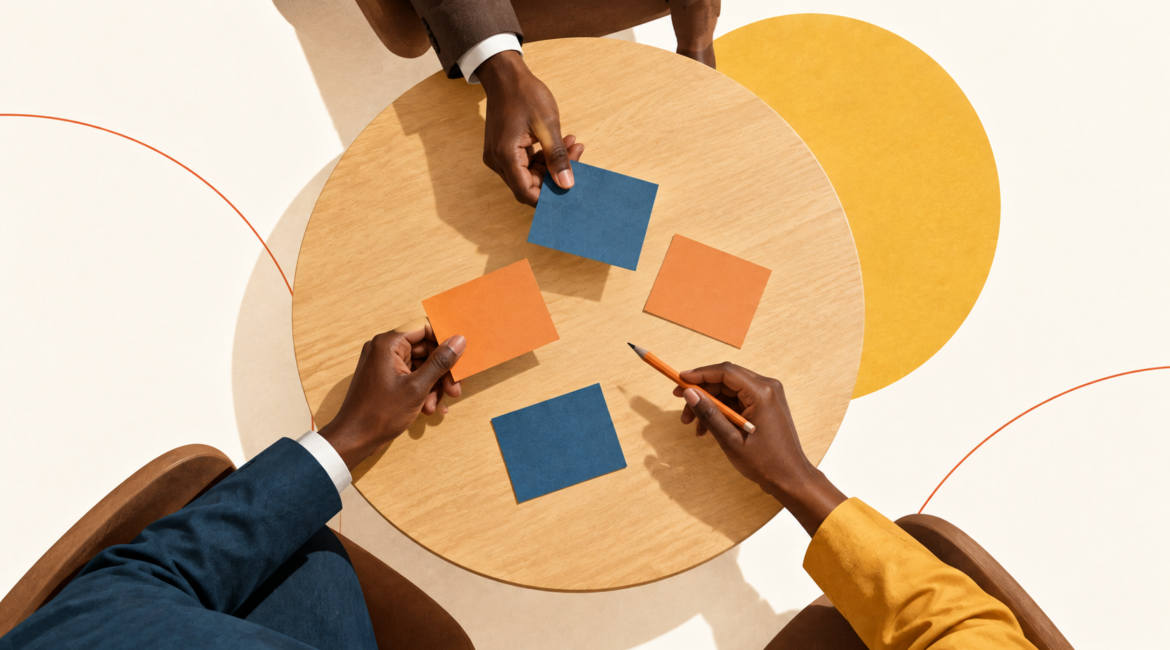 Échange de cartes et travail collectif autour d’une table, illustration des rencontres professionnelles ASCOM.