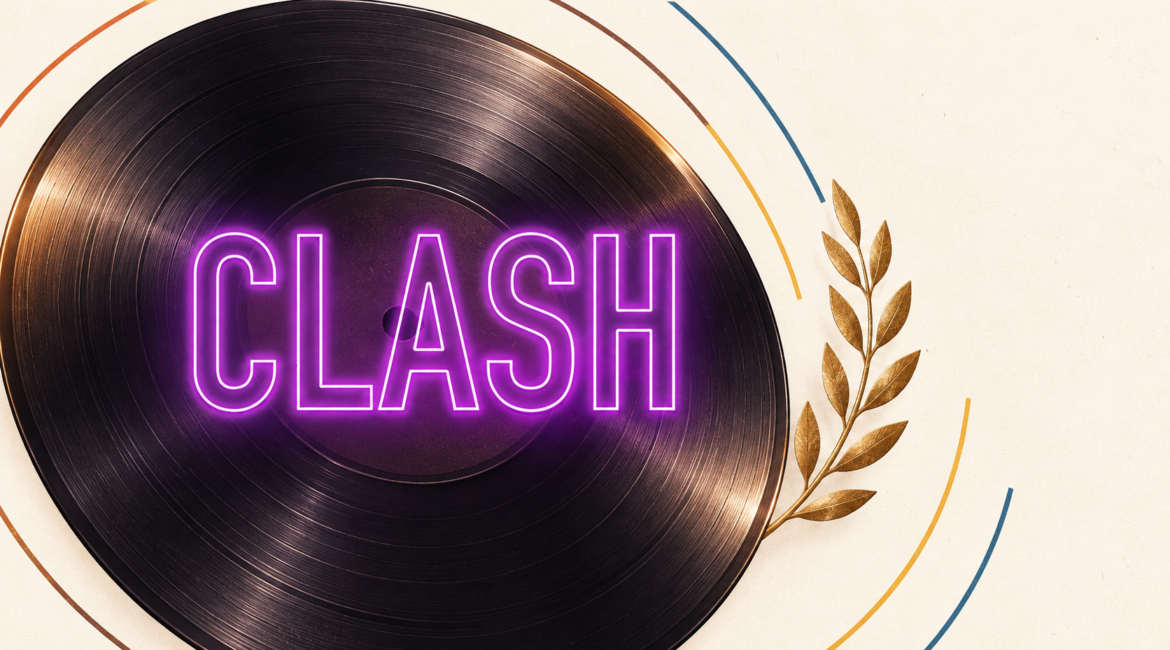 Logo violet officiel de la série africaine Clash sur un disque vinyle, accompagné d’une branche de laurier.