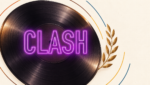 Logo violet officiel de la série africaine Clash sur un disque vinyle, accompagné d’une branche de laurier.