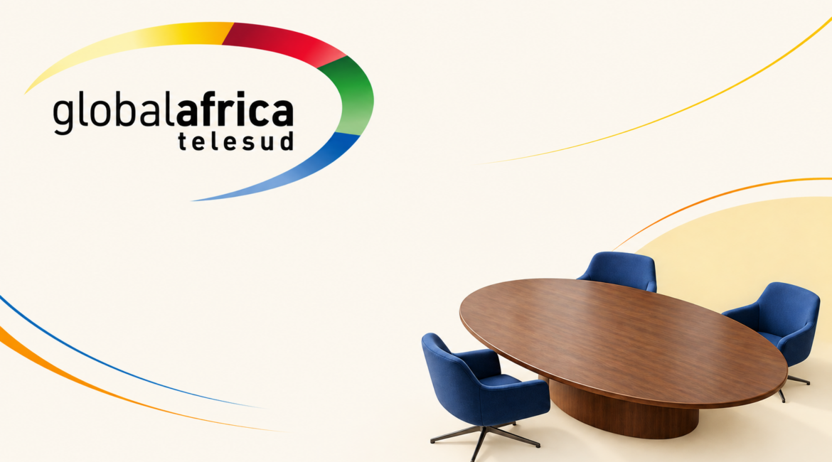 Logo officiel Global Africa-Telesud et table de conseil illustrant une audience de décideurs.