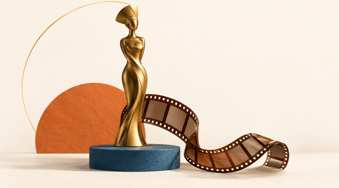 Trophée illustratif et pellicule de cinéma évoquant la sélection des talents et des œuvres aux NISA.
