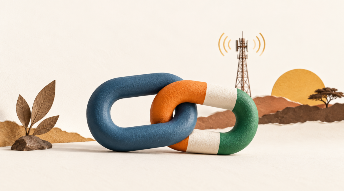 Maillons entrelacés et antenne de diffusion illustrant le rapprochement de la Côte d’Ivoire et de TV5MONDE.