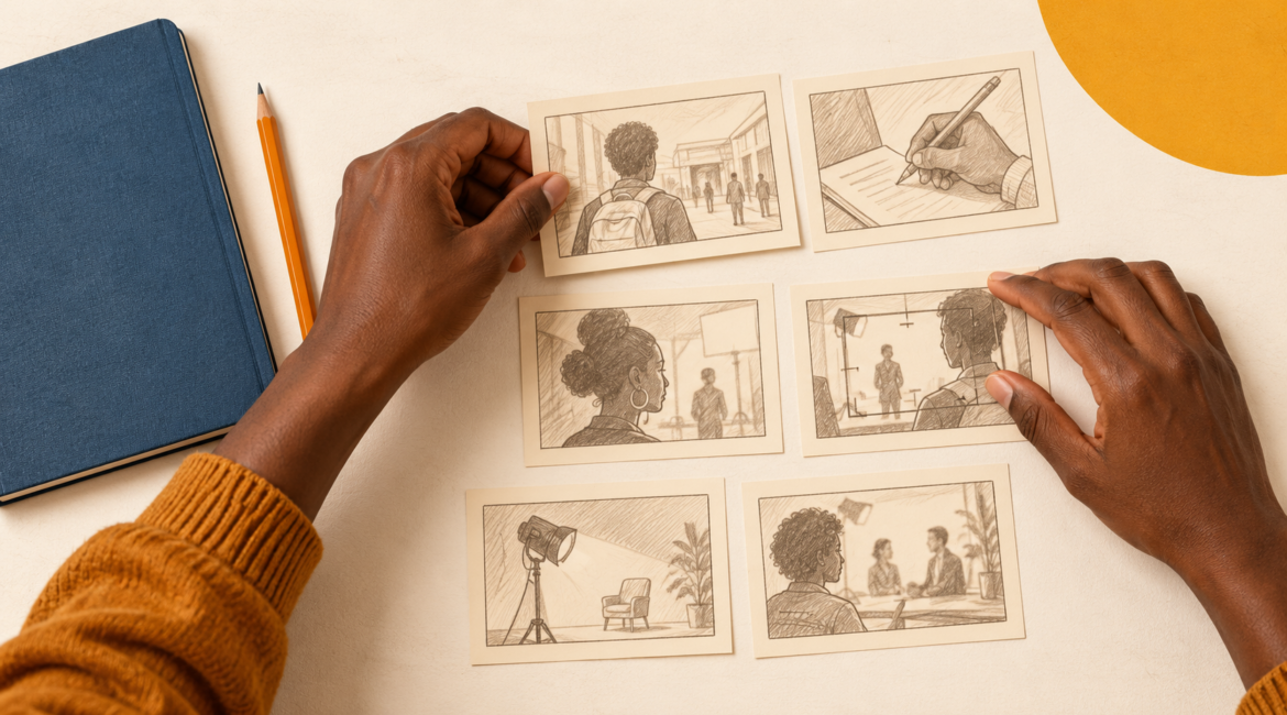 Mains disposant des cartes de storyboard sur une table de travail, pour évoquer la formation audiovisuelle.