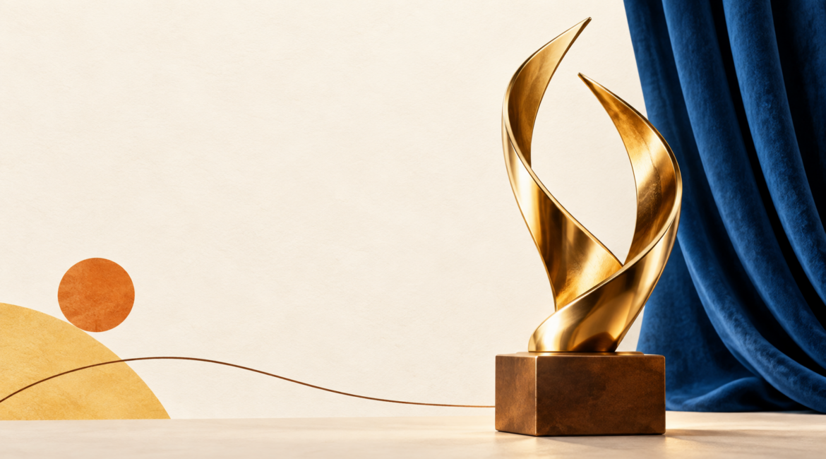 Trophée doré illustratif devant un rideau bleu, évoquant les récompenses des SICA d’Or.