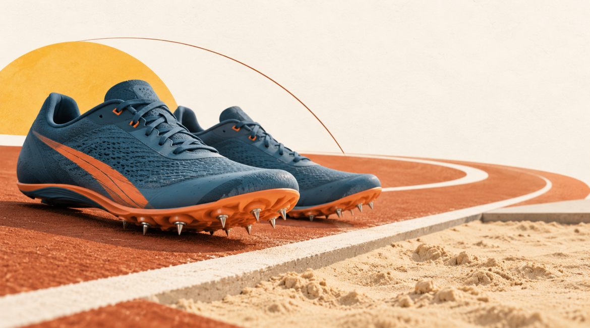 Chaussures d’athlétisme au bord d’une piste et d’un sautoir, évoquant le partenariat entre Sonatel et Saly Sarr.