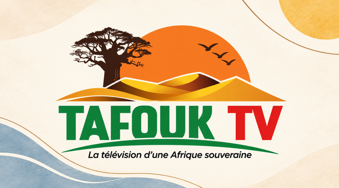 Logo TAFOUK TV avec soleil, dunes et arbre, intégré à une composition ivoire et bleue.