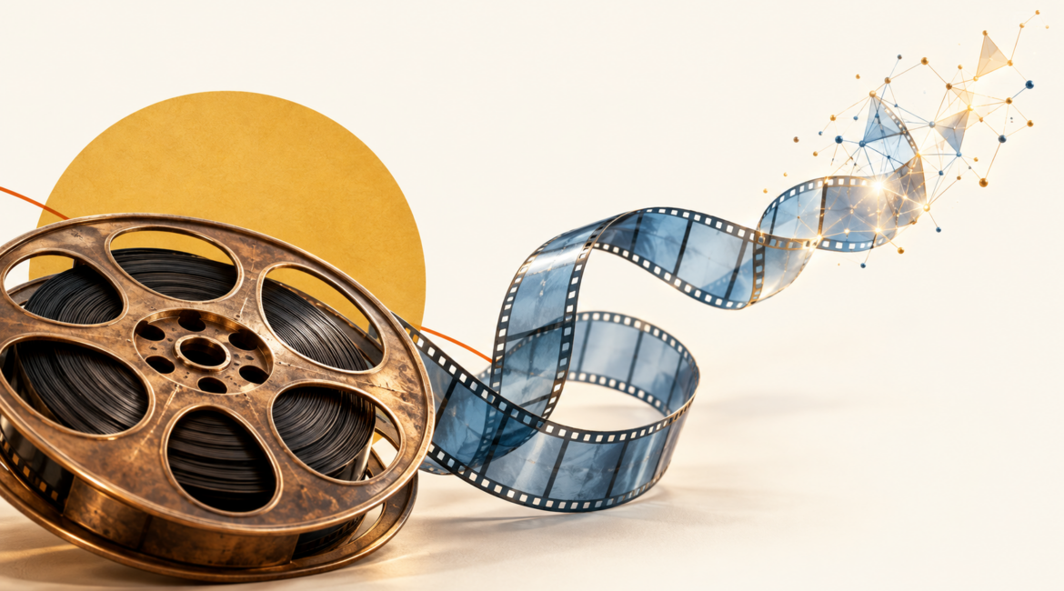 Pellicule de cinéma se transformant en réseau lumineux, pour évoquer la création audiovisuelle assistée par IA.