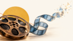 Pellicule de cinéma se transformant en réseau lumineux, pour évoquer la création audiovisuelle assistée par IA.