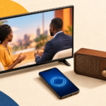 Téléviseur, smartphone et poste de radio illustrant les trois usages médias étudiés par Africascope.