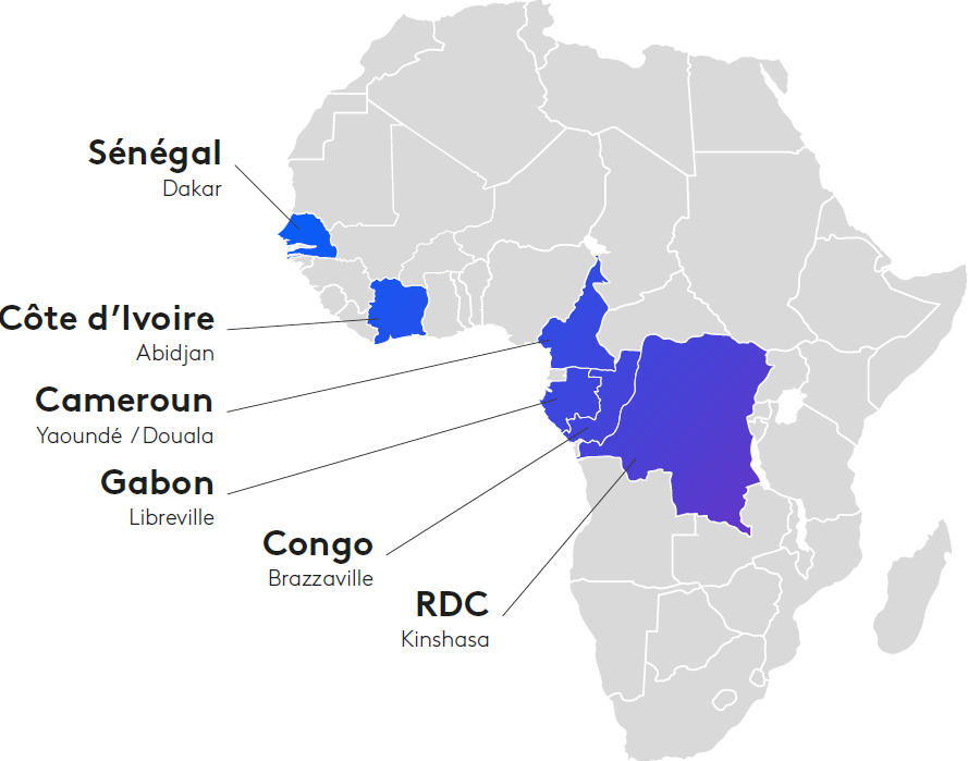 Carte des six pays et des capitales couverts par l’étude Africascope 2025/2026.