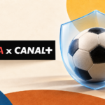 Logos officiels LALIGA et CANAL+ près d’un ballon protégé par un bouclier, illustration de la lutte contre le piratage sportif.