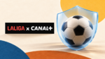Logos officiels LALIGA et CANAL+ près d’un ballon protégé par un bouclier, illustration de la lutte contre le piratage sportif.