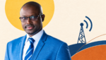 Portrait de Cheikh Tidiane Sarr, nouveau directeur général de l’ARTP, accompagné d’un symbole de télécommunications.
