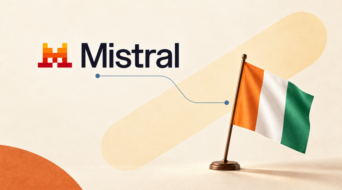 Logo officiel Mistral relié par une ligne bleue à un drapeau de Côte d’Ivoire sur fond crème.