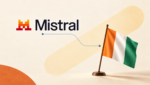 Logo officiel Mistral relié par une ligne bleue à un drapeau de Côte d’Ivoire sur fond crème.