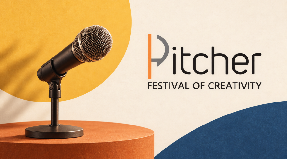 Logo officiel Pitcher Festival of Creativity et microphone illustrant l’appel à participation au festival.