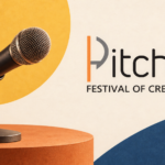 Logo officiel Pitcher Festival of Creativity et microphone illustrant l’appel à participation au festival.