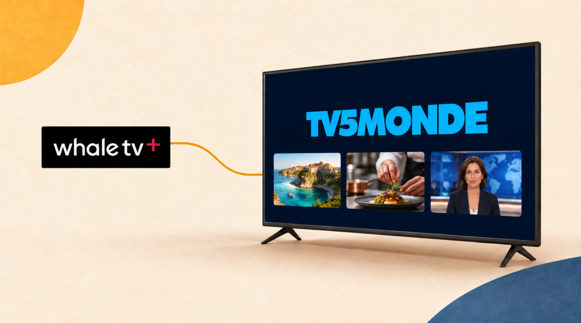 Logo Whale TV+ relié à un téléviseur TV5MONDE présentant des vignettes de voyage, de cuisine et d’information.
