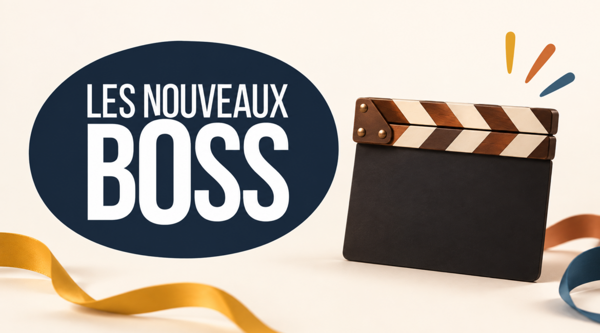 Identité officielle des Nouveaux Boss et clap de tournage illustratif sur fond ivoire.