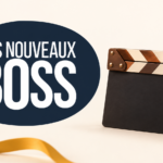 Identité officielle des Nouveaux Boss et clap de tournage illustratif sur fond ivoire.