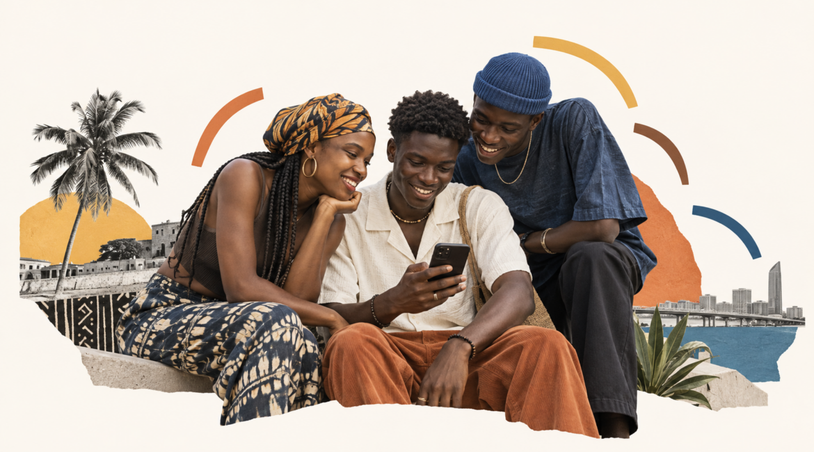 Illustration de trois jeunes adultes africains échangeant autour d’un smartphone.