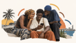 Illustration de trois jeunes adultes africains échangeant autour d’un smartphone.