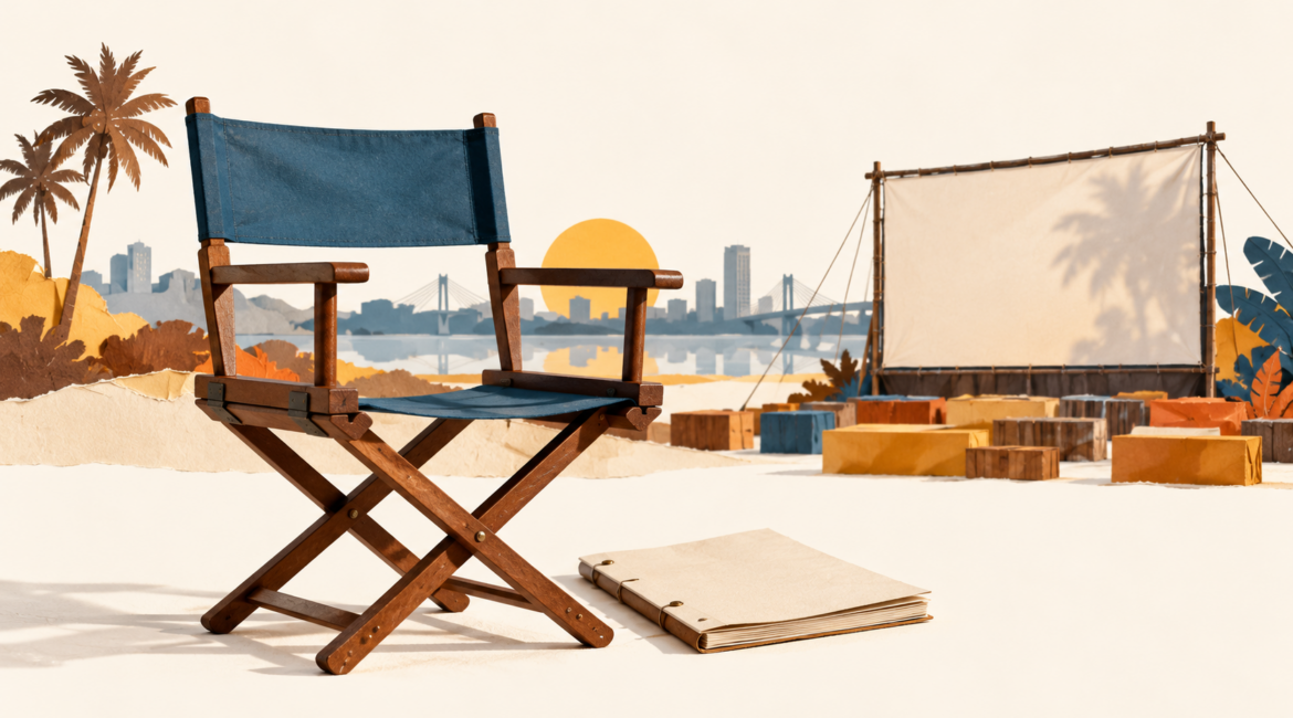 Fauteuil de réalisateur et projection en plein air ; évocation illustrative du cinéma à Abidjan.