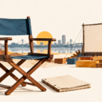 Fauteuil de réalisateur et projection en plein air ; évocation illustrative du cinéma à Abidjan.