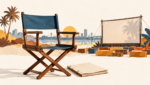 Fauteuil de réalisateur et projection en plein air ; évocation illustrative du cinéma à Abidjan.