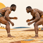 Deux lutteurs dans une arène de sable ; personnages fictifs dans une illustration.