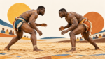 Deux lutteurs dans une arène de sable ; personnages fictifs dans une illustration.