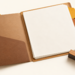 Dossier de registre, intercalaires et tampon symbolique sans inscription.