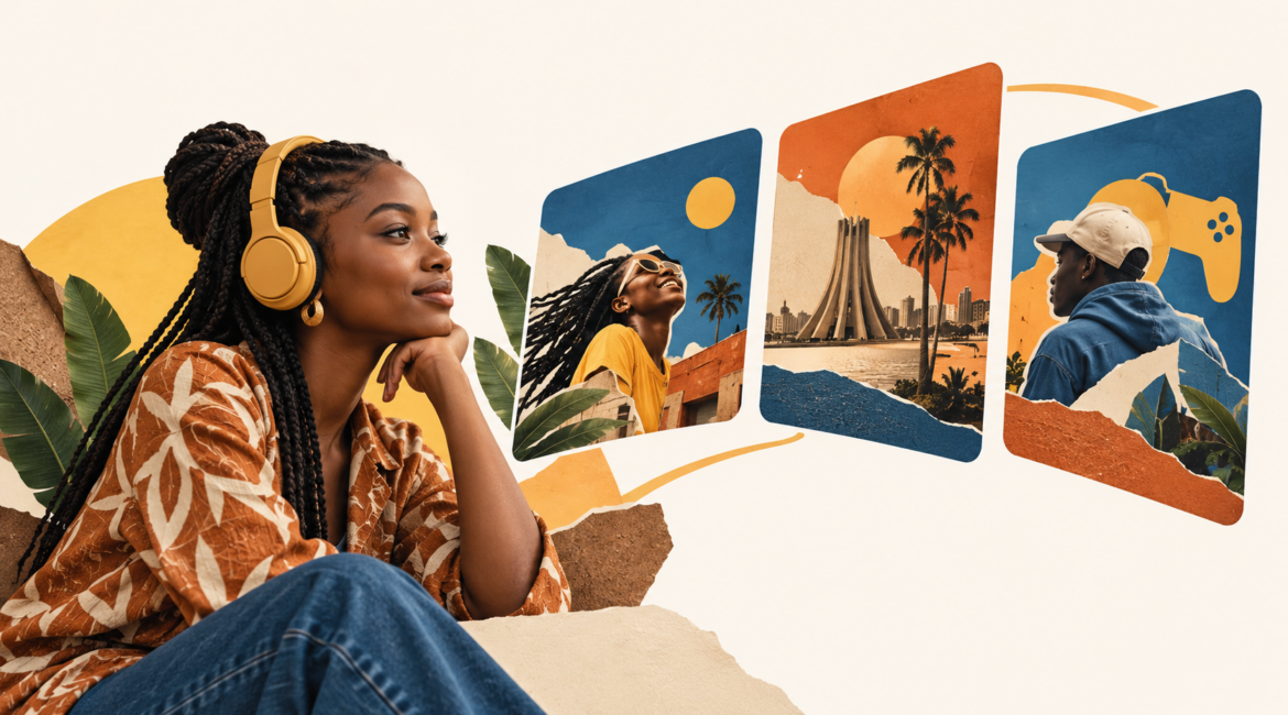 Jeune femme africaine et compositions illustrant la diversité des usages numériques.