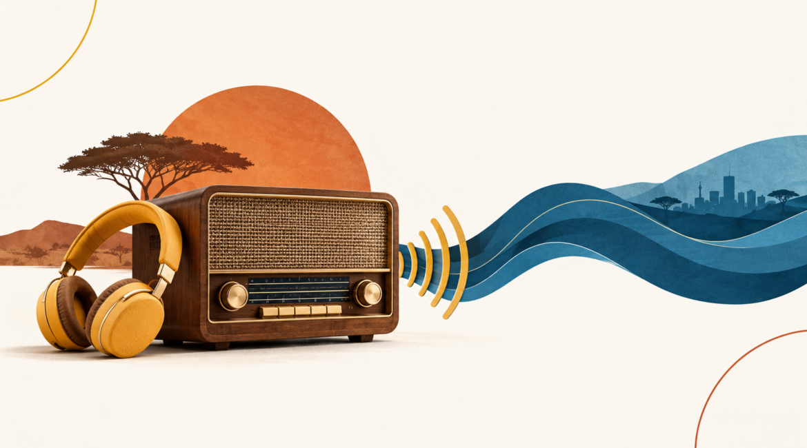 Récepteur radio et casque, prolongés par une onde bleue évoquant la diffusion numérique.