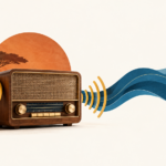 Récepteur radio et casque, prolongés par une onde bleue évoquant la diffusion numérique.