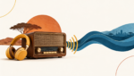 Récepteur radio et casque, prolongés par une onde bleue évoquant la diffusion numérique.
