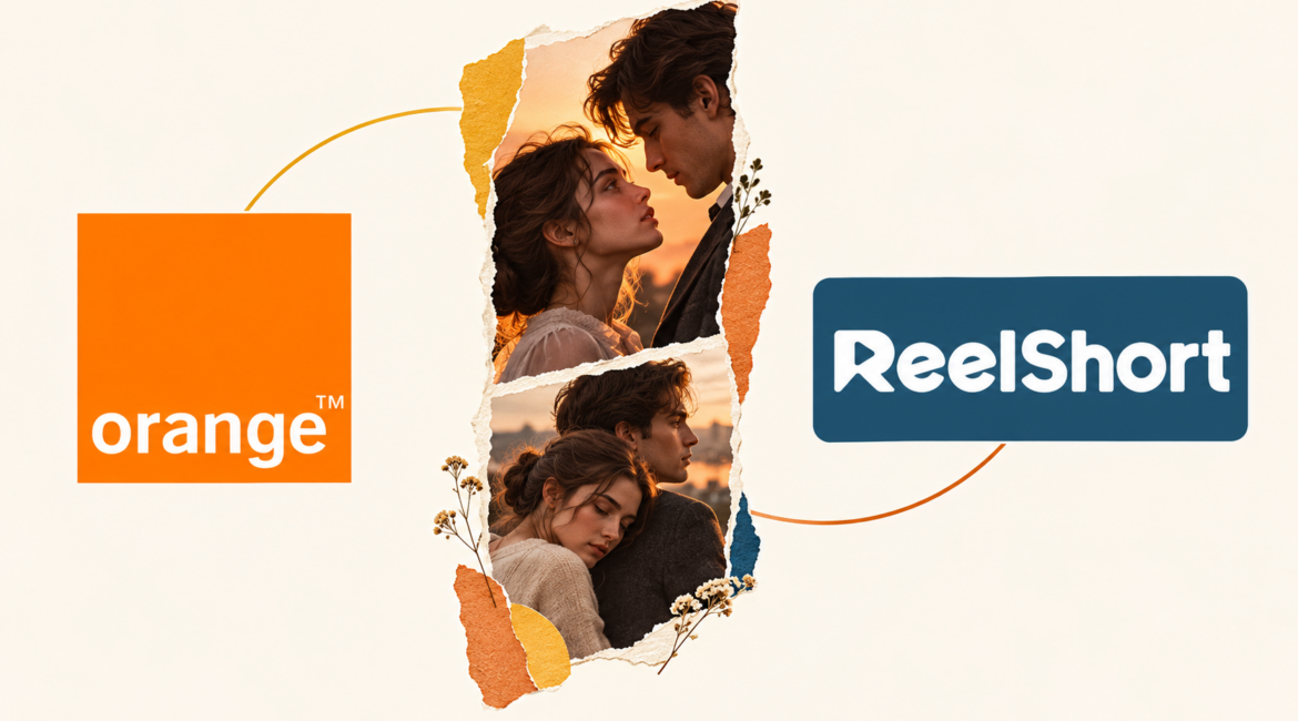 Logos officiels Orange et ReelShort dans une composition évoquant les séries verticales.