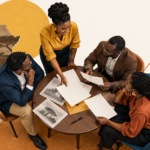 Illustration symbolique de professionnels africains échangeant autour d’une table ; scène fictive.