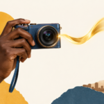 Appareil photo tenu en main et ruban doré rejoignant des pièces, évocation des revenus des créateurs numériques.