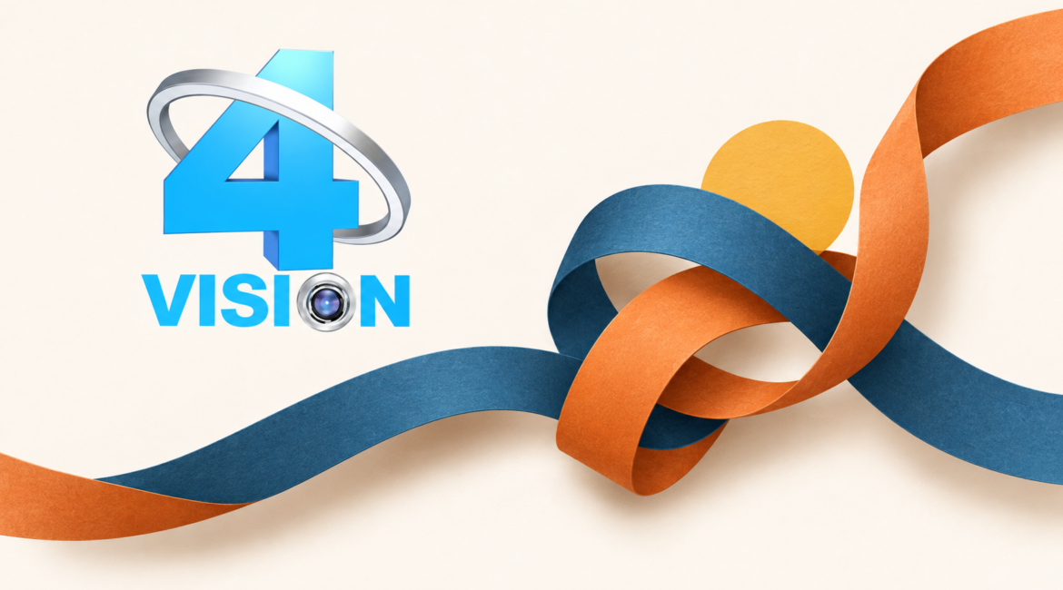 Logo Vision 4 et deux rubans entrelacés, évocation du dossier de régulation de la chaîne.